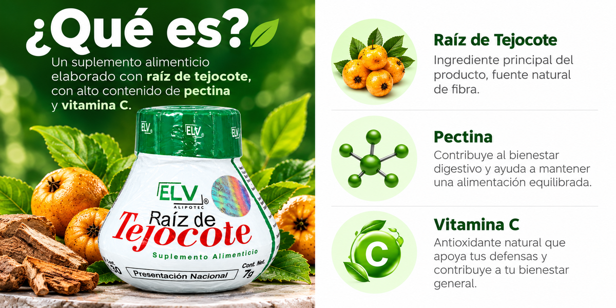 ¿Qué es ELV Alipotec? Infografía de raíz de tejocote, pectina y vitamina C.